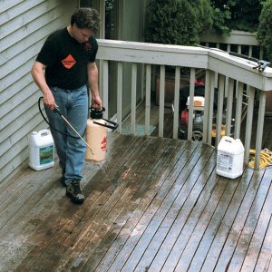 Cutting quickly through the crud. Applied using a garden sprayer, a specially formulated deck cleaner dissolves dirt and oxidation and kills mold and mildew on contact.