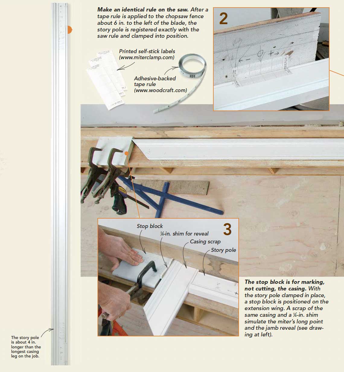 Make an identical rule on the saw. After a tape rule is applied to the chopsaw fence about 6 in. to the left of the blade, the story pole is registered exactly with the saw rule and clamped into position.