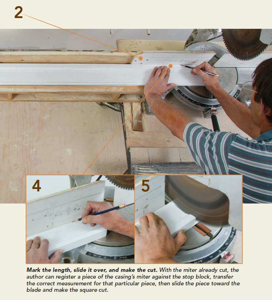 Mark the length, slide it over, and make the cut. With the miter already cut, the author can register a piece of the casing’s miter against the stop block, transfer the correct measurement for that particular piece, then slide the piece toward the blade and make the square cut.