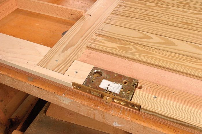 A lock mortise in layers. Simply making square cuts in the door’s middle layer creates a mortise for the lockset