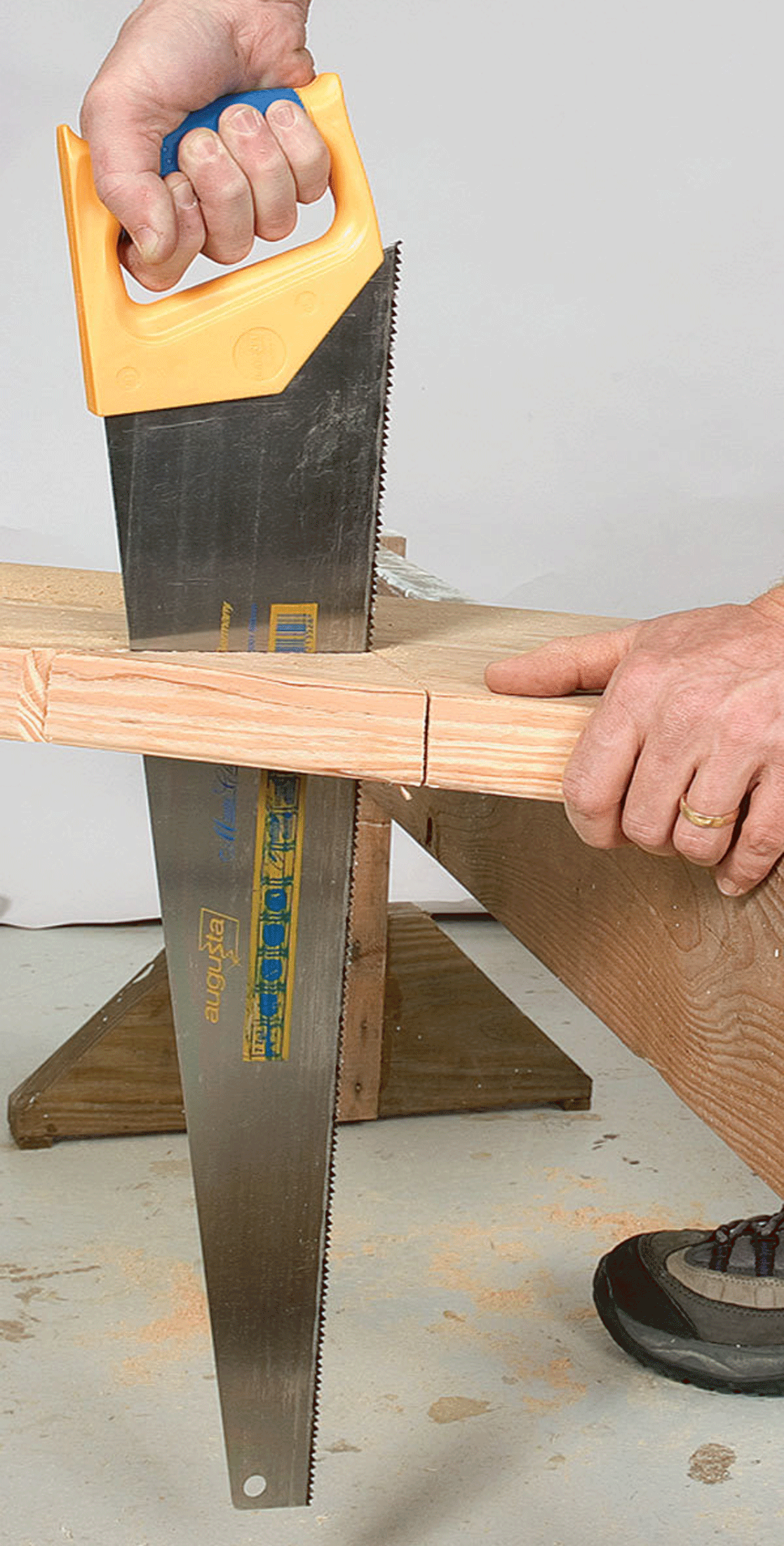 Go vertical for notches. When notching the end of a board or finishing the cuts for a stair stringer, cut with the saw perpendicular to the stock. This way you won’t cut any deeper on one side of the board than on the other.