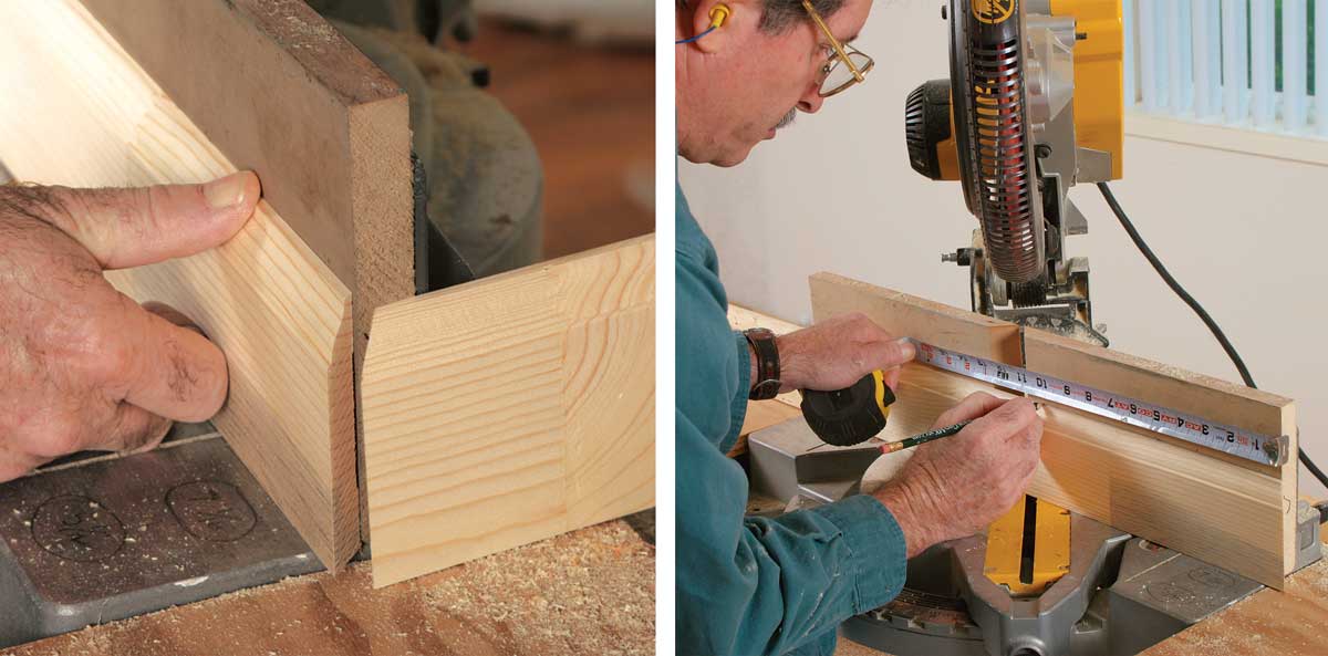 For outside corners, the short point of the miter is always against the fence (photo near right). After making the miter cut, align the short point with the end of the saw fence, then hook your tape on the fence to take the measurement (photo far right). Spring-clamp longer boards to the saw fence before measuring.
