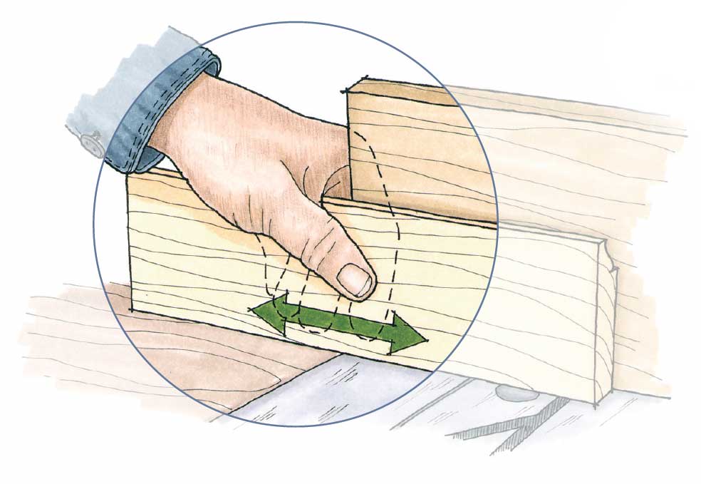Guide the cuts accurately by placing your fingers against the fence and your thumb on the face of the board