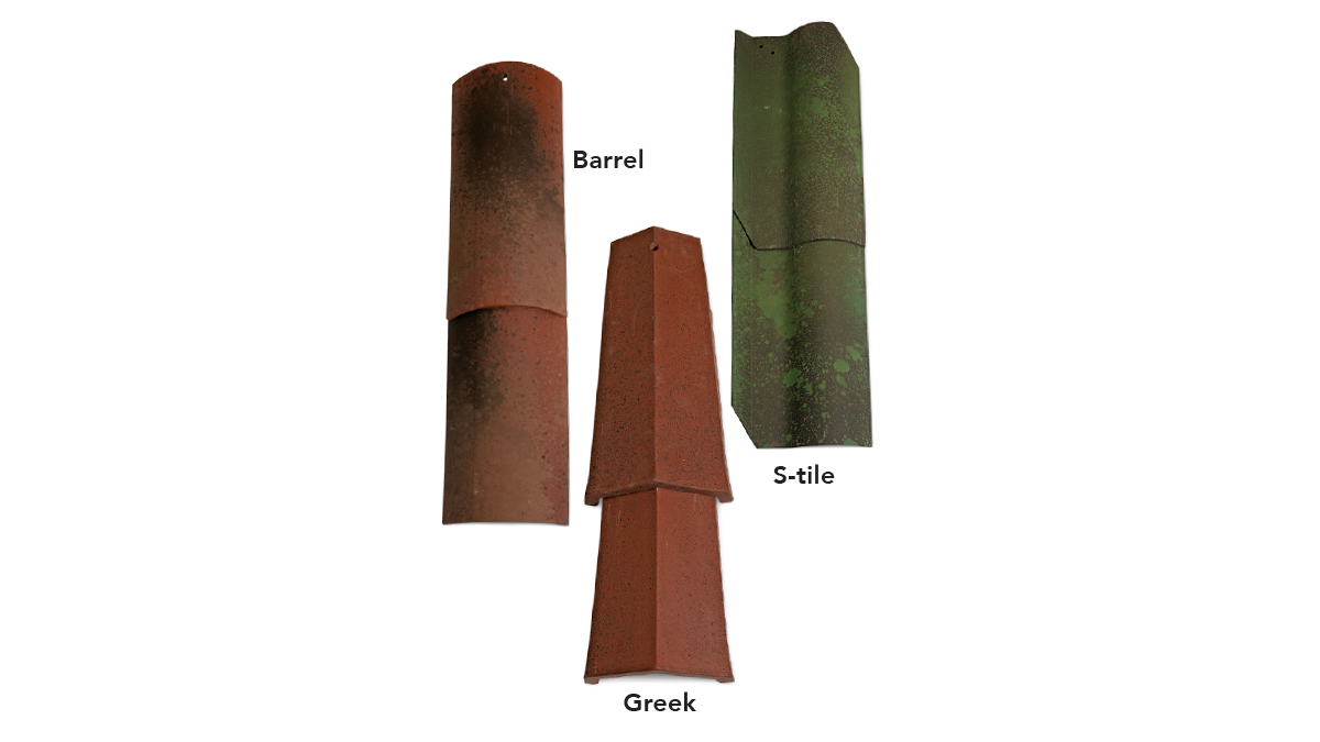 Clay tiles are available in many styles, sizes, and colors. Three popular Ludowici styles are shown above.