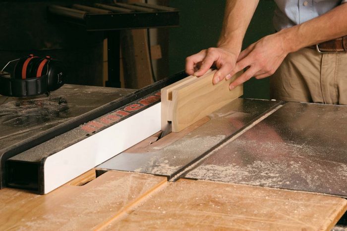 The grooves that hold the panels and tenons all can be cut on a tablesaw with a stacked dado set to 3⁄8-in. width.