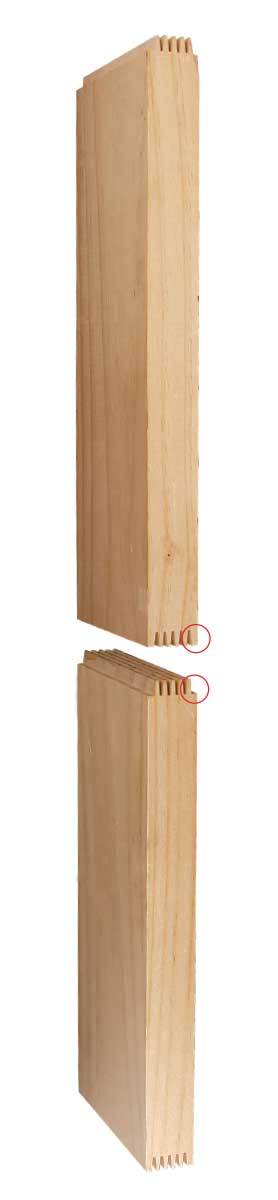 Finger joints provide plenty of glue area. Precisely cut fingers are the key to tight-fitting joints. Wide shoulders on adjoining pieces, indicated by the circled areas, strengthen the joint.