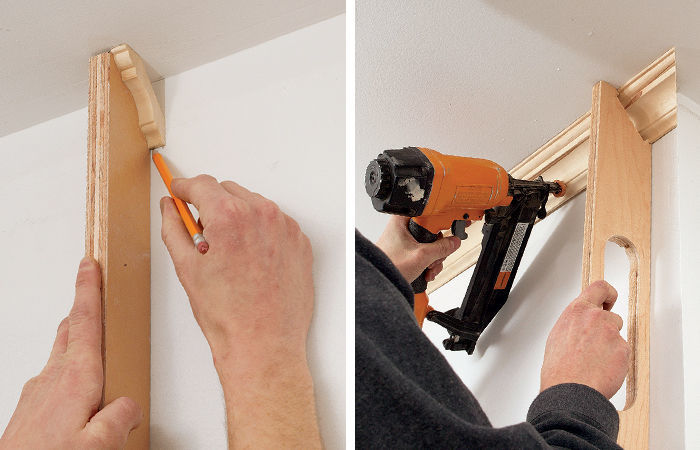Cut the wall and ceiling projections of a crown profile into a piece of plywood that holds the crown in the proper position
