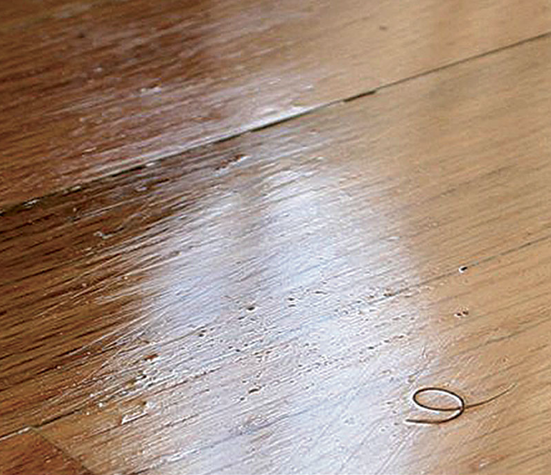 Finishes enhance the bad as much as the good. Debris on the floor surface or in the finish, such as this hair, is magnified when the floor finish is dry.