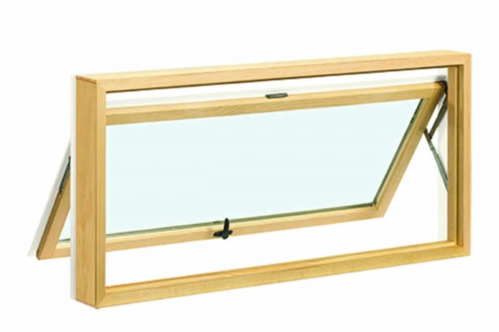 Awning Top-hinged window that usually opens outward with a crank.