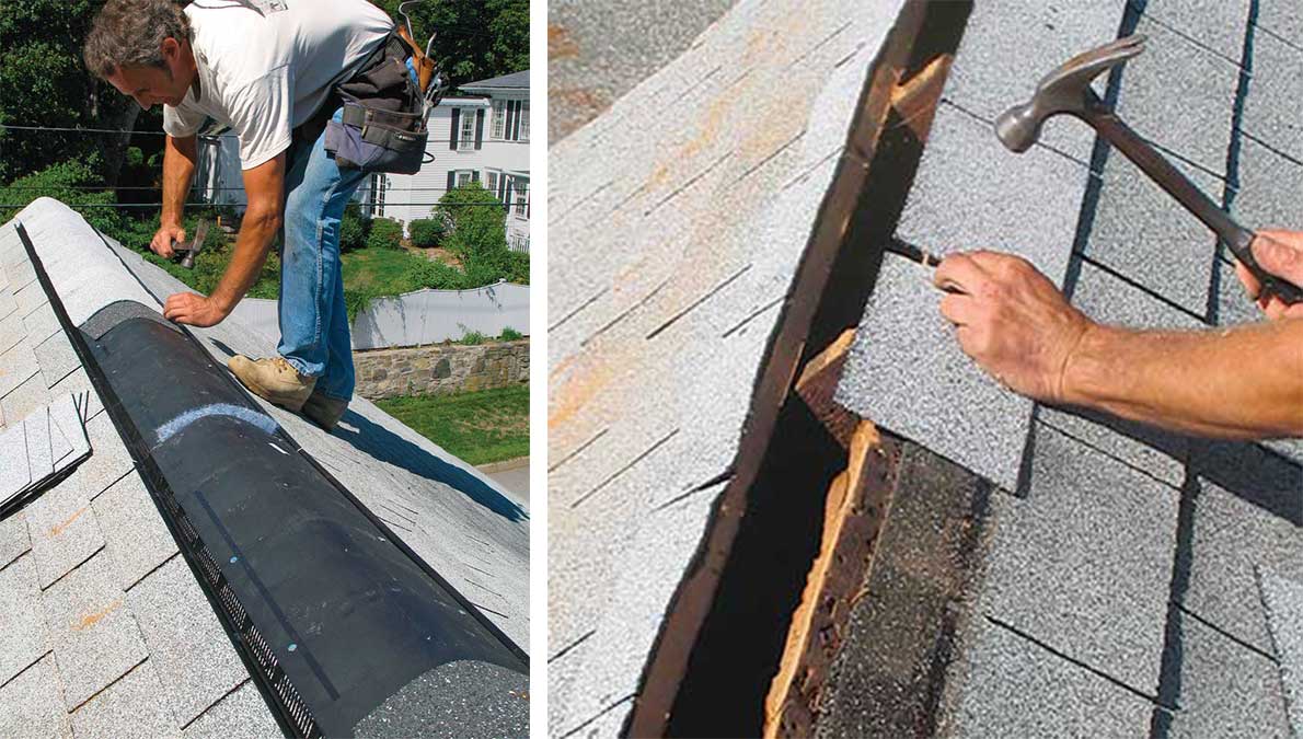 Install the ridge vent, and cap it. Install the ridge vent over the slot with the nails provided by the vent manufacturer or 2-in. to 21⁄2-in. roofing nails. Cap the vent with shingles using the same type of nails. Sometimes the ridge vent won’t cover the top lap of the highest course of shingles. In this case, add new shingle tabs before installing the ridge vent (photo below).
