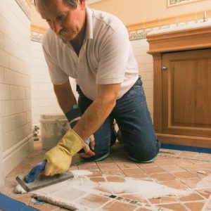 Use the margin trowel to scoop a small pile of epoxy grout onto the floor, and begin spreading it across the tile,