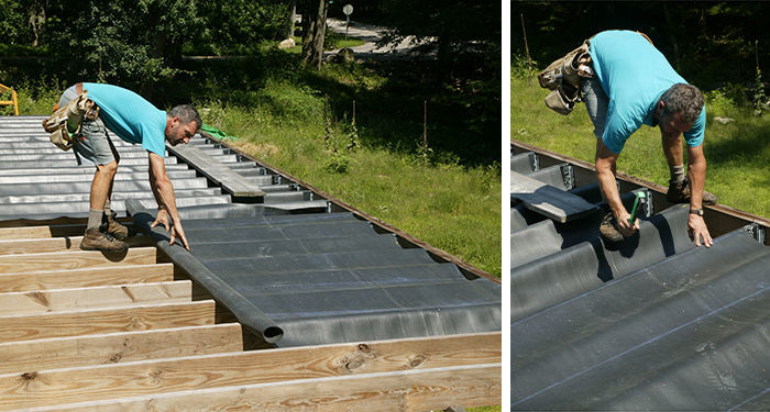 roll out and staple the EPDM for the deck drainge system
