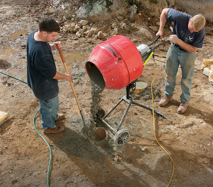 mixing own batches of cement in a portable job-site mixer