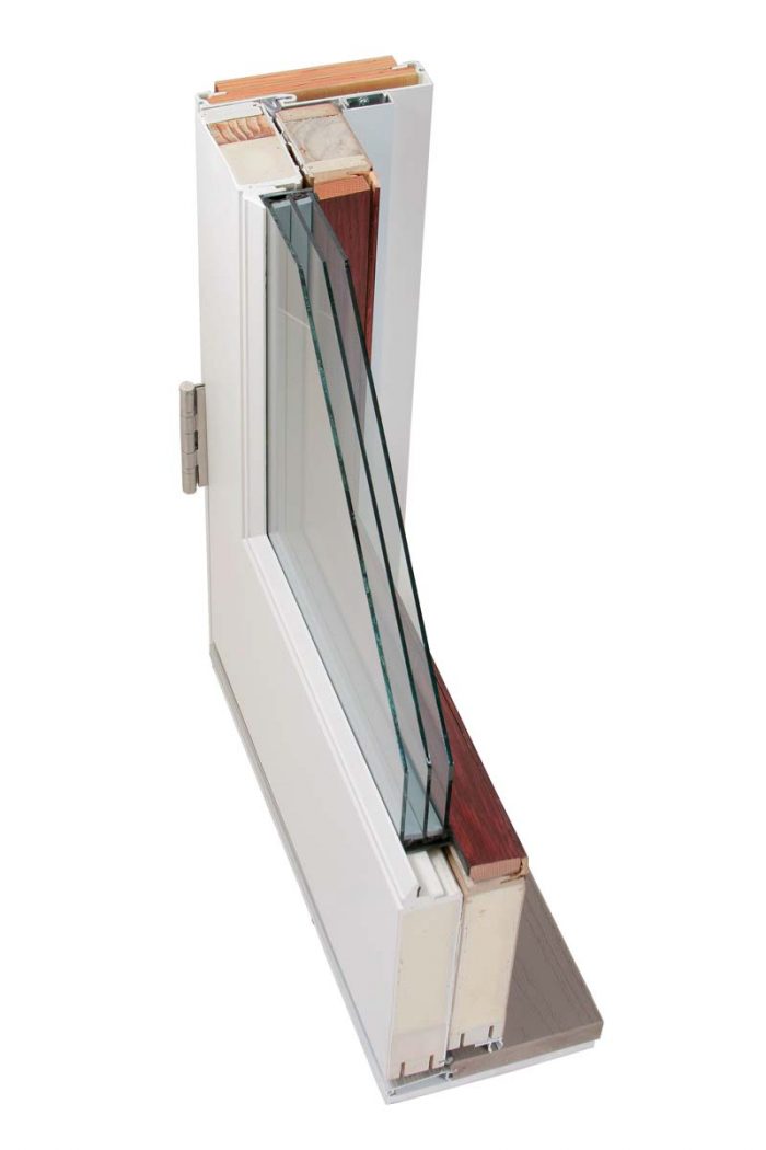 Themotech Fiberglass has three layers of glass, triple weather­stripping, and a multipoint lock.