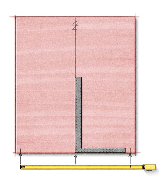 1. Transfer the fascia measurement to the panel edge, then find and mark the center of this measurement. 2. Use a square to draw a perpendicular line from this mark.