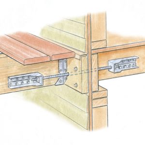 The lateral connection joins a deck joist to a joist inside the house.