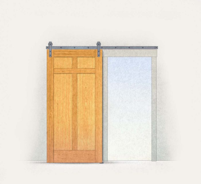 With the author’s hardware and door combination, it’s twice the width of the opening, plus the width of one side casing, plus an extra 1⁄2 in. on each side.