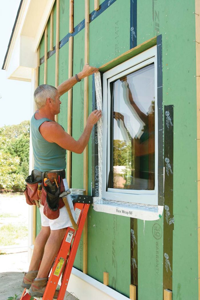install Siga Wigluv tape from the sides of the rough opening to the wooden frame that extends around the perimeter on all four sides of the window.