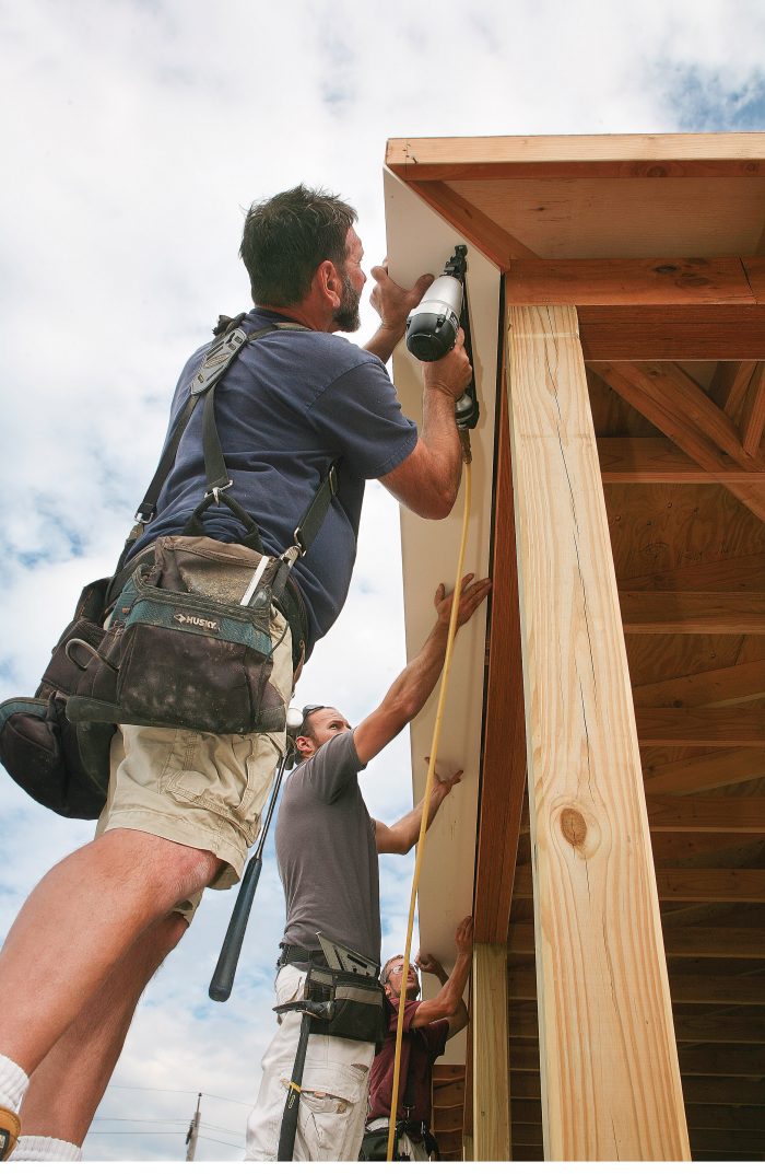 start at one end of the soffit with a miter, keeping the outside edge flush to the subfascia.