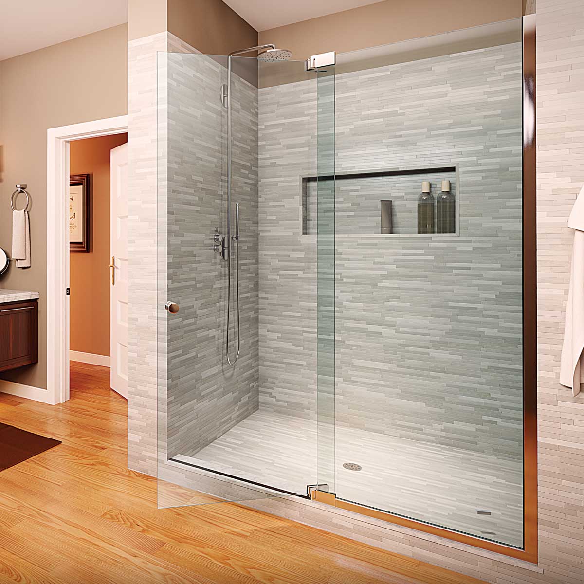 “Custom” in popular sizes. Roda, a Basco product line, offers several frameless door-and-panel configurations and glass heights as well as custom width panels. Depending on panel length and configuration, relatively unobtrusive angle brackets can add support. The Cantour model starts at $1115.