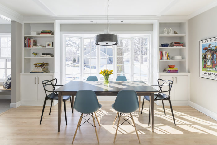 Bright sunny kitchen table with bay window and modern table and chairs