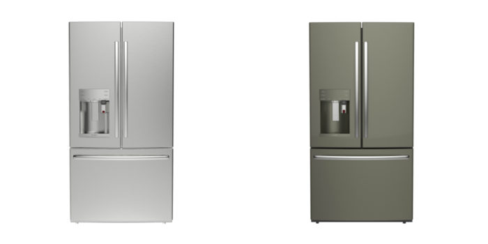 The Cafe series refrigerators are available in a bright stainless steel or a darker slate finish.