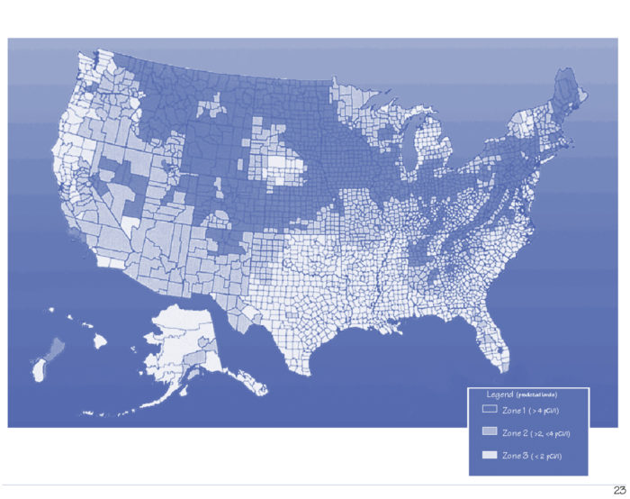 Zone 1 locations (dark blue) are at the highest risk of radon being present. (Image from Building Radon Out, EPA, 2001)