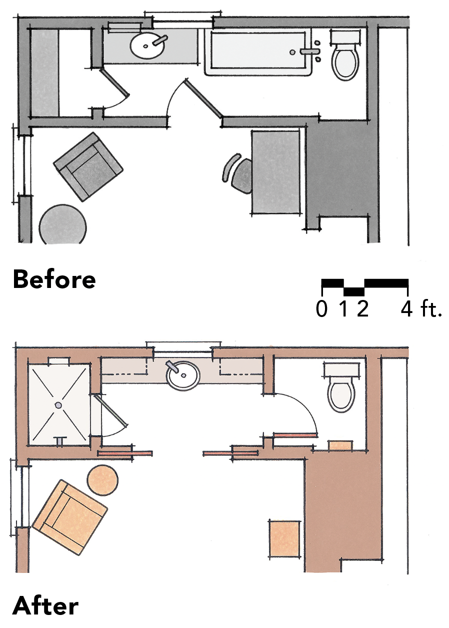 bathroom before and after floor plans