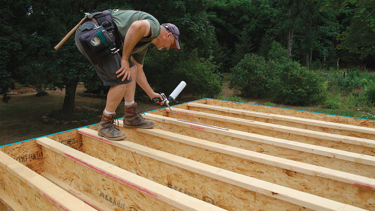 Start straight. Snap a chalkline across the joists 4 ft. from the outside of the rim joist.