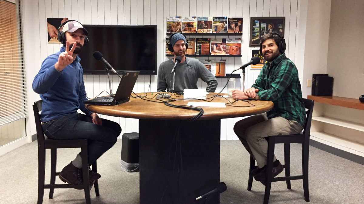 The new Fine Homebuilding podcast studio. Rob Yagid, left; Justin Fink, center; Brian Pontolilo, right.