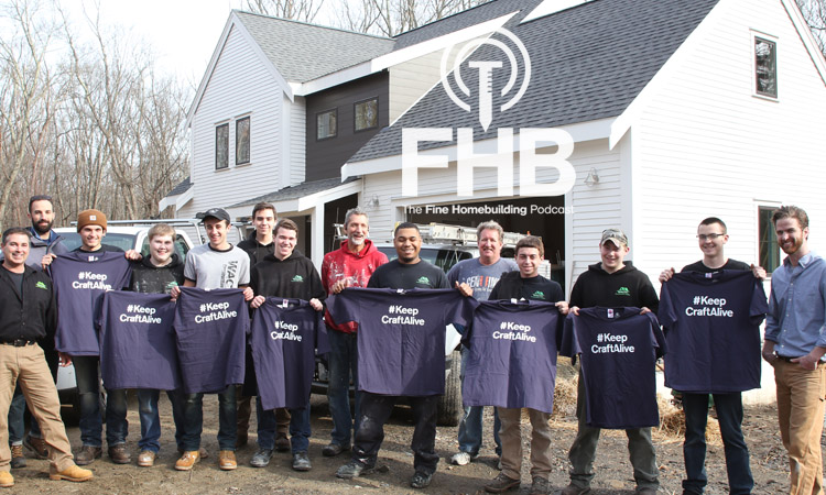 The students working on the ProHOME build show off their #KeepCraftAlive shirts. Also pictured: builder and FHB editorial advisor Mike Guertin, at center, in red; FHB editorial director Rob Yagid, at far left, bearded; FHB editor Justin Fink, at extreme far right.