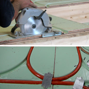 Warmboard cuts with a standard circular saw. Nailplates make handy temporary hold-downs.