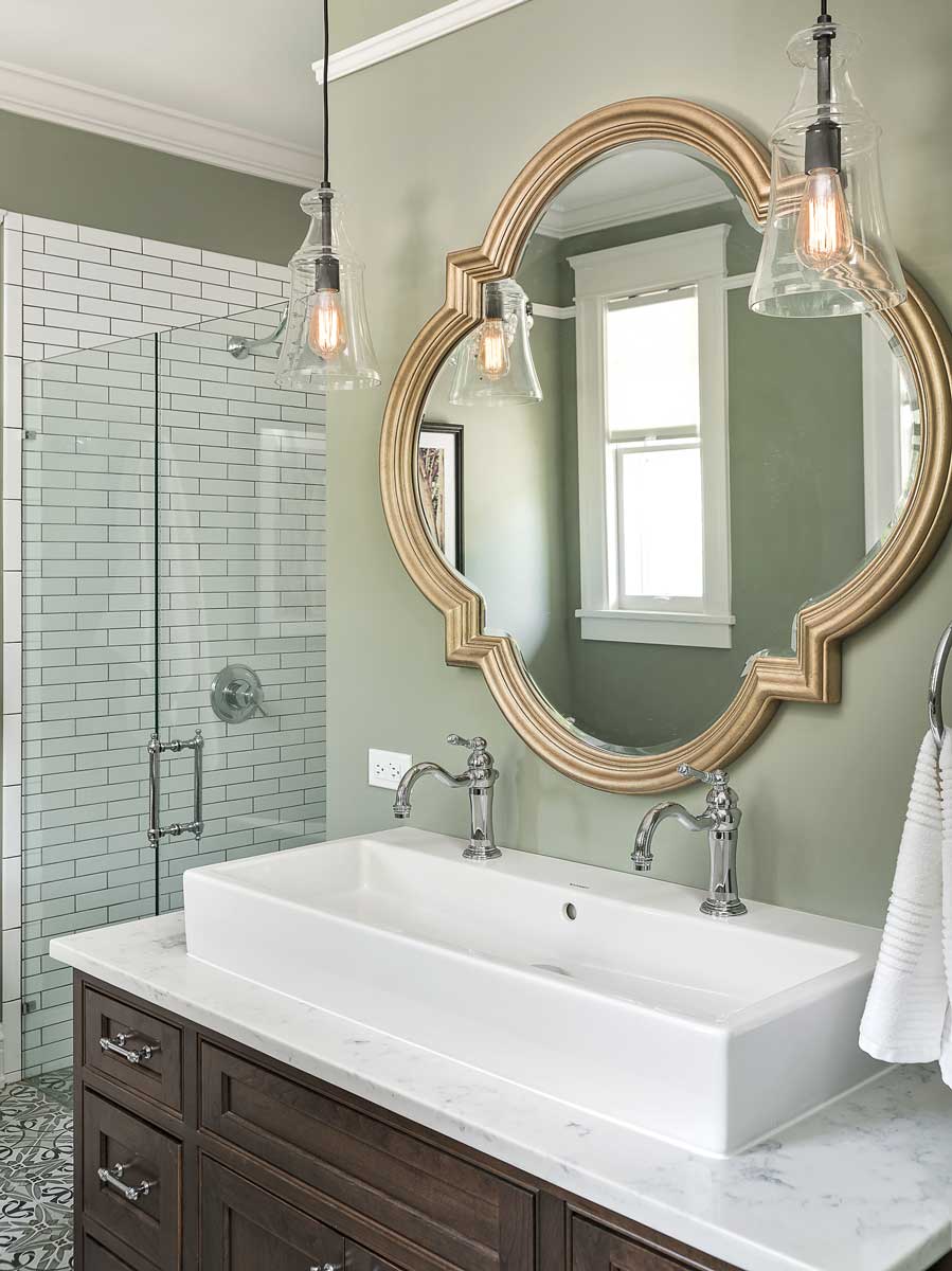Double vanity in a small space A 40-in.-wide vessel sink provides room for two, but takes up less space than two separate sinks. Not only are single-hole faucets easier to keep clean, they take up less room than spread-handle designs.