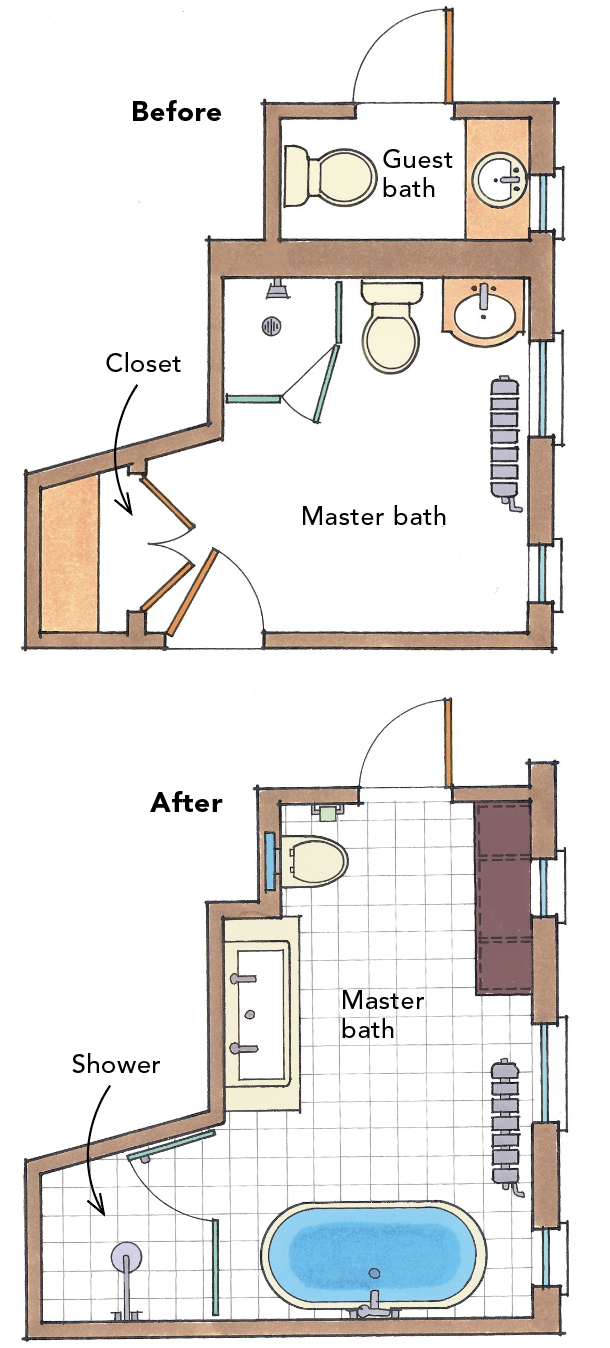 floor plans for before and after bathroom