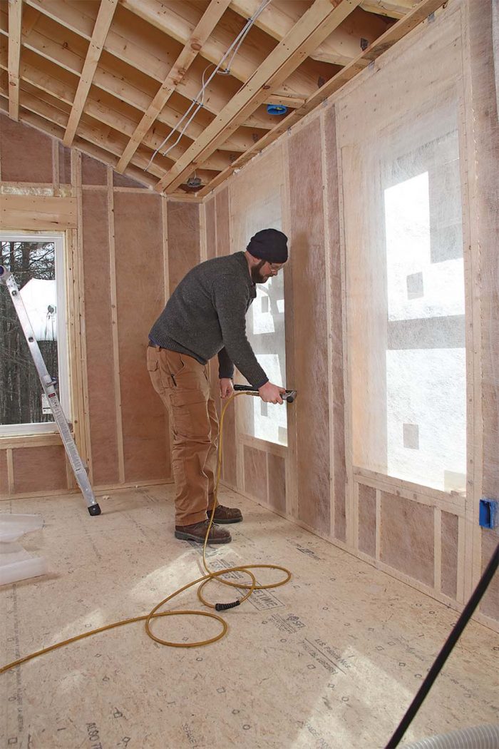 Lip-stitch the studs to install netting for dense-pack cellulose insulation