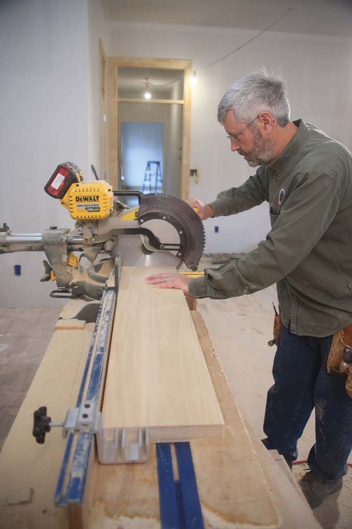 Use a stop. When cutting multiple parts to the same length on the miter saw, use a stop to ensure consistency.