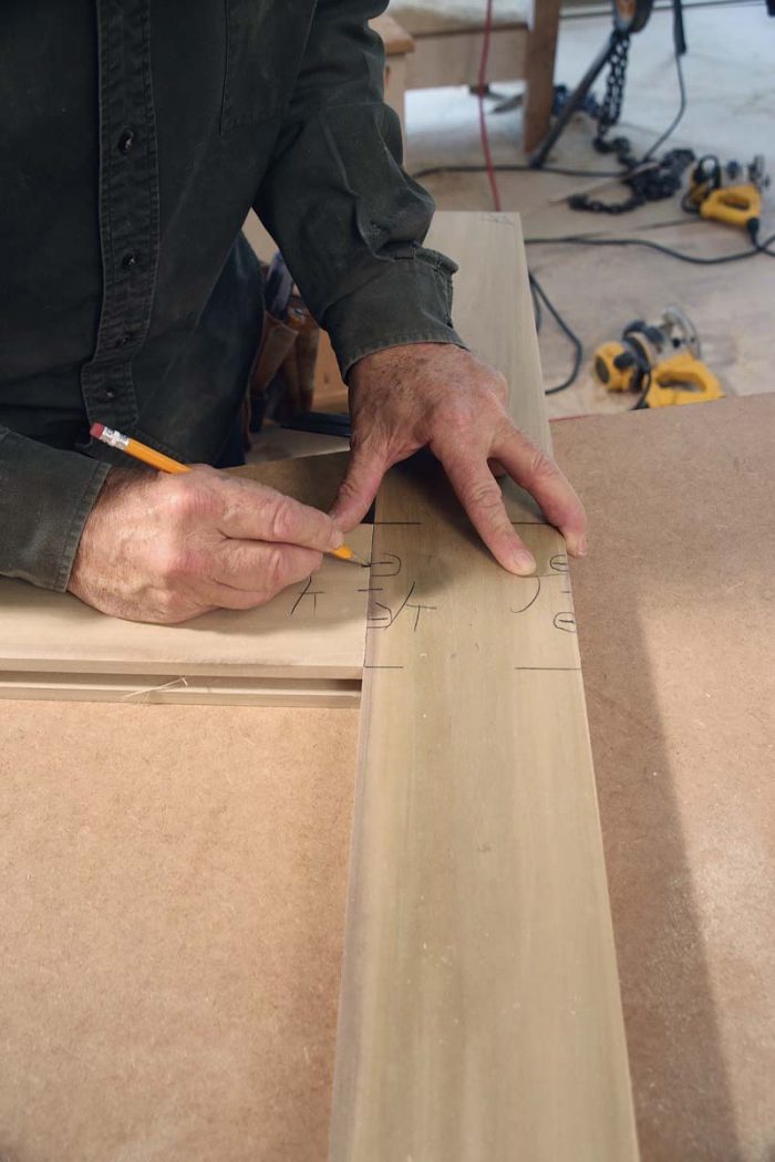 Draw in the joinery. Lay out the Domino locations by drawing a line that crosses each joint, from the stiles to the rails.