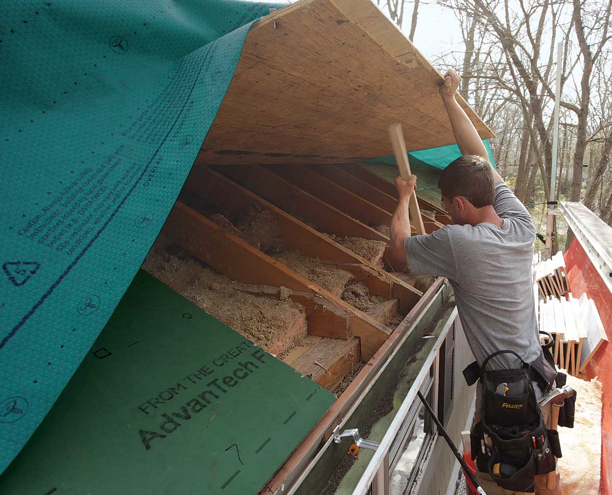 Raise the roof. With the sheathing panels loose, either slide them up the roof or prop them up like the hood of a car to provide some shade.