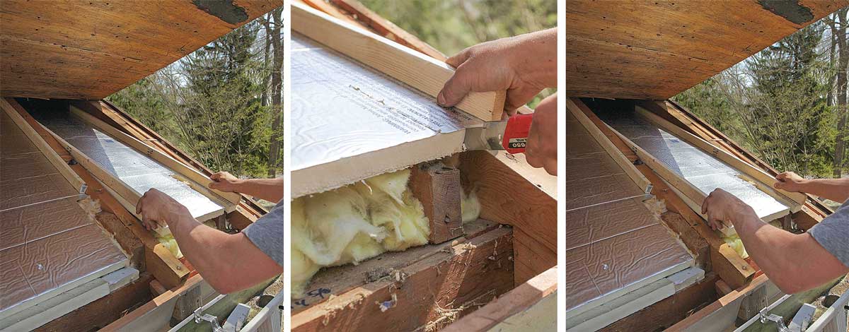 Notch for joists. Where ceiling joists get in the way, cut the foam to fit around them, and use shorter wood strips in some cases. Fill any gaps with caulk to aid in preventing wind-washing of the insulation below.