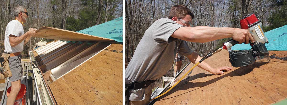 Drop the hood. After the insulation, baffle, and sealing work is done, drop the sheathing back down and nail it off. Avoid old nail holes for solid fastening.