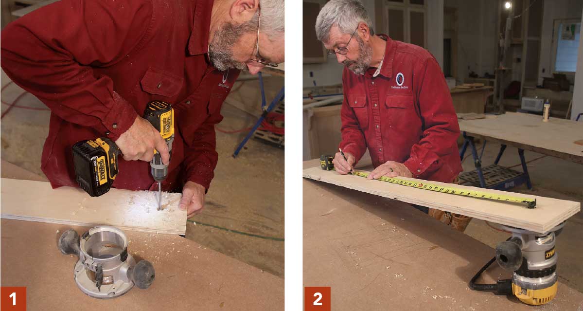Drill a 3⁄4-in. hole—centered 3 in. from the leading edge—and then mount the router base to the plywood, flushed up with all three edges 
