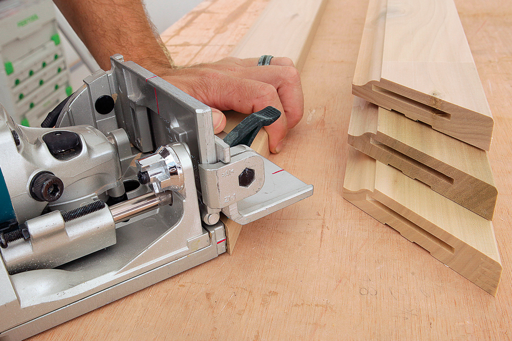 Aligning a biscuit joiner to a common spot on the casing; window trim