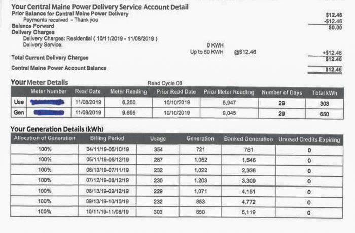 residential power bill for a customer of Central Maine Power