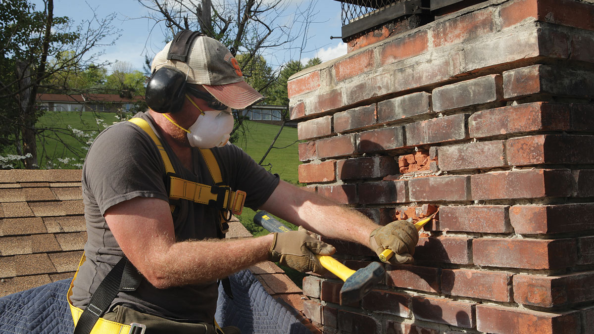 Chisel ‘em out. Use a hammer and wide masonry chisel to slice out the pieces of broken brick. Removing the top half of the broken-up brick first provides room and relief to easily remove the bottom half without pressuring and possibly breaking the surrounding brick.
