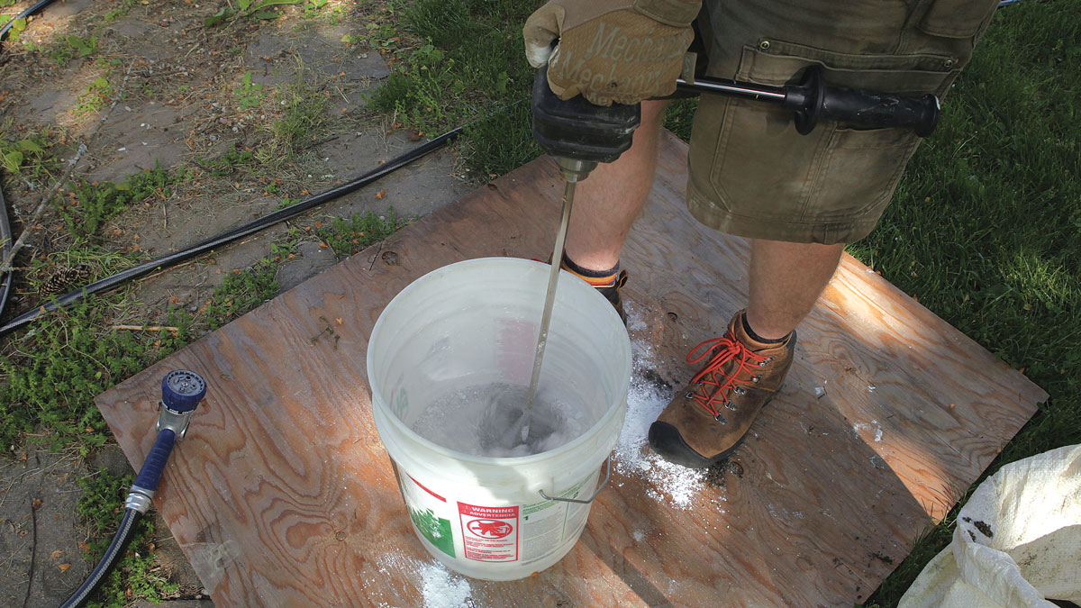 Small-batch goodness. Mix repointing mortar in small batches in a bucket, using a mixer or hand tools. Add water only a little at a time and mix thoroughly until the mortar can be formed into a ball that holds together and keeps its shape.