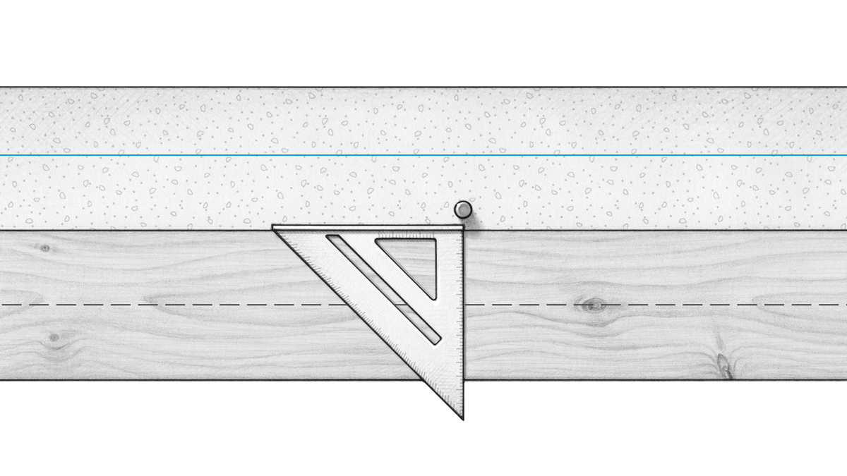 Marking Bolt Locations 1. Measure from snapped line to center of bolt (A). 2. Measure same distance from edge of sill stock. 3. Align rafter square with center of bolt, and mark where edge of square intersects with measurement for center of bolt hole. Foundation Snapped line Bolt A A Triangular square Center point of bolt hole Sill stock