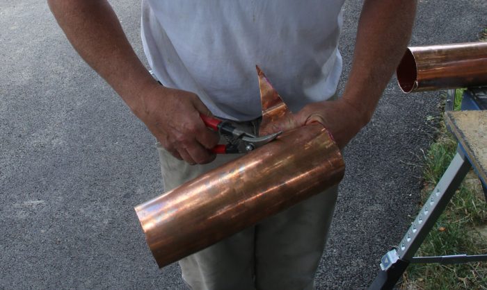 cut copper downspout snips