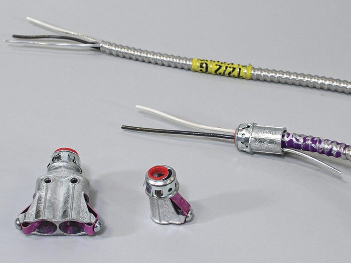 MCAP cable is faster to terminate than MC and so speeds installation. The double-barrel connector (at left) enables you to quickly feed two cables into a panel box.
