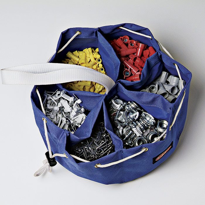 A divided pouch transforms a 5-gal. bucket into a portable hardware store of wire connectors, cable clamps, screws, staples, and other small items.