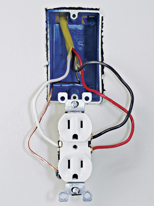 Correctly wired split-tab receptacle. One hot wire is typically controlled by a switch.